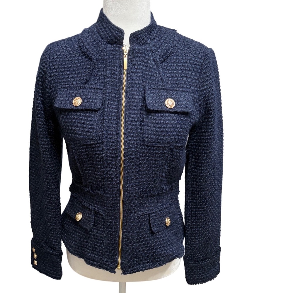 NWT INC International Concepts Navy Tweed Blazer Gold Buttons Zip Front Petite S